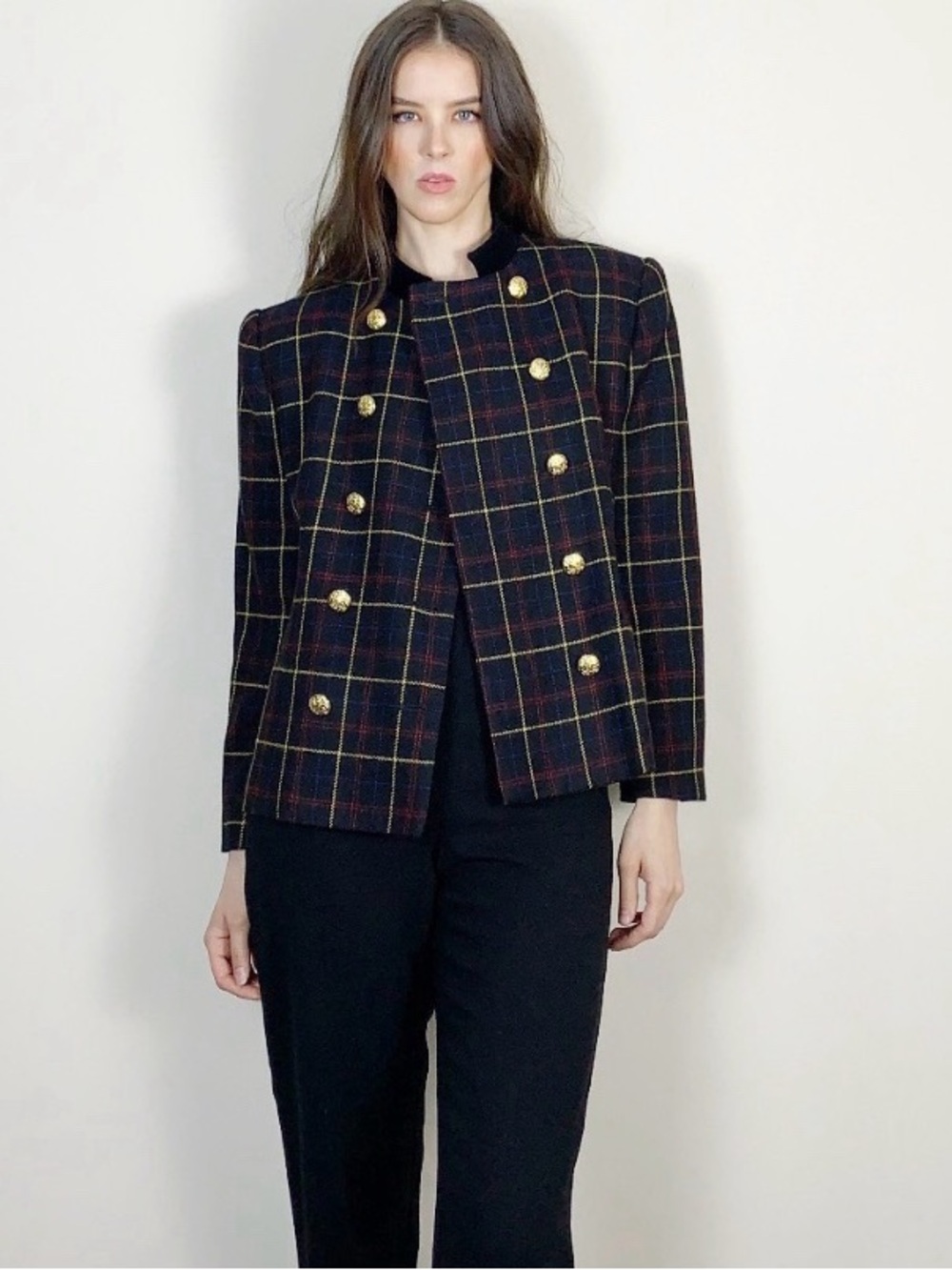 Vintage Plaid Double-Breasted Blazer with Gold Buttons and Velvet Collar